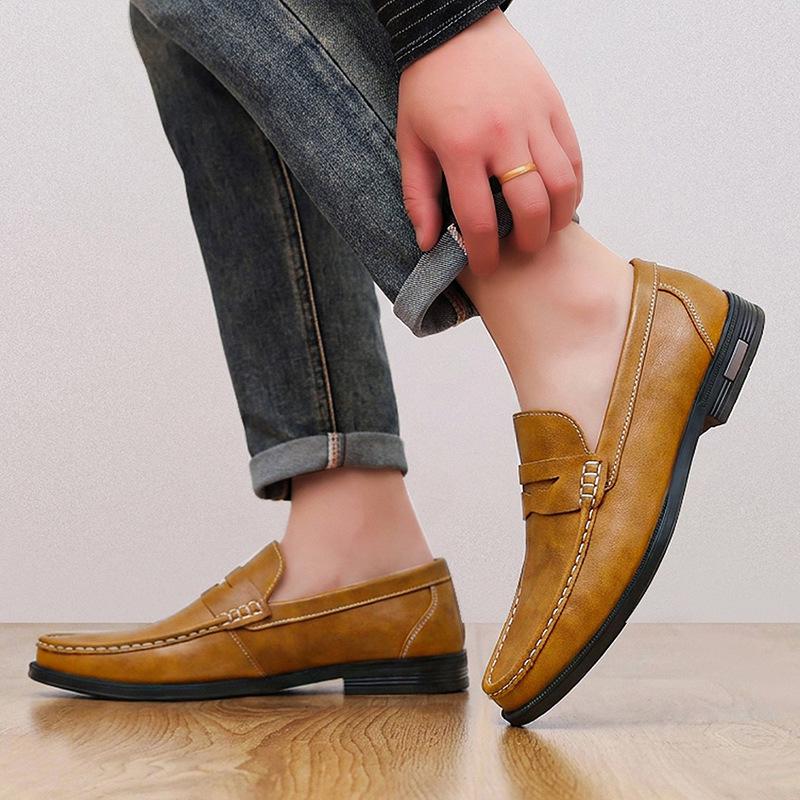 Plus Size Men's Genuine Leather Slip-On Loafers - Casual Driving Shoes with Heel