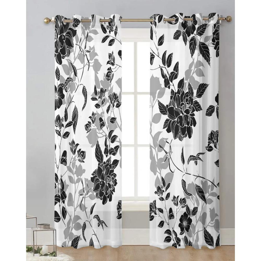 Black And White Flowers Sheer Curtains for Bedroom Living Room Decoration Window Curtain for Kitchen Tulle Voile Organza Drapes