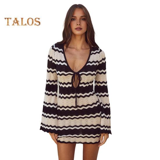 

Женский купальник, накидка, полосатый, вязаный крючком, сетчатый, пляжное платье, V-образный вырез, завязка спереди, длинный рукав, летний купальный костюм для пляжного отдыха M черный белый