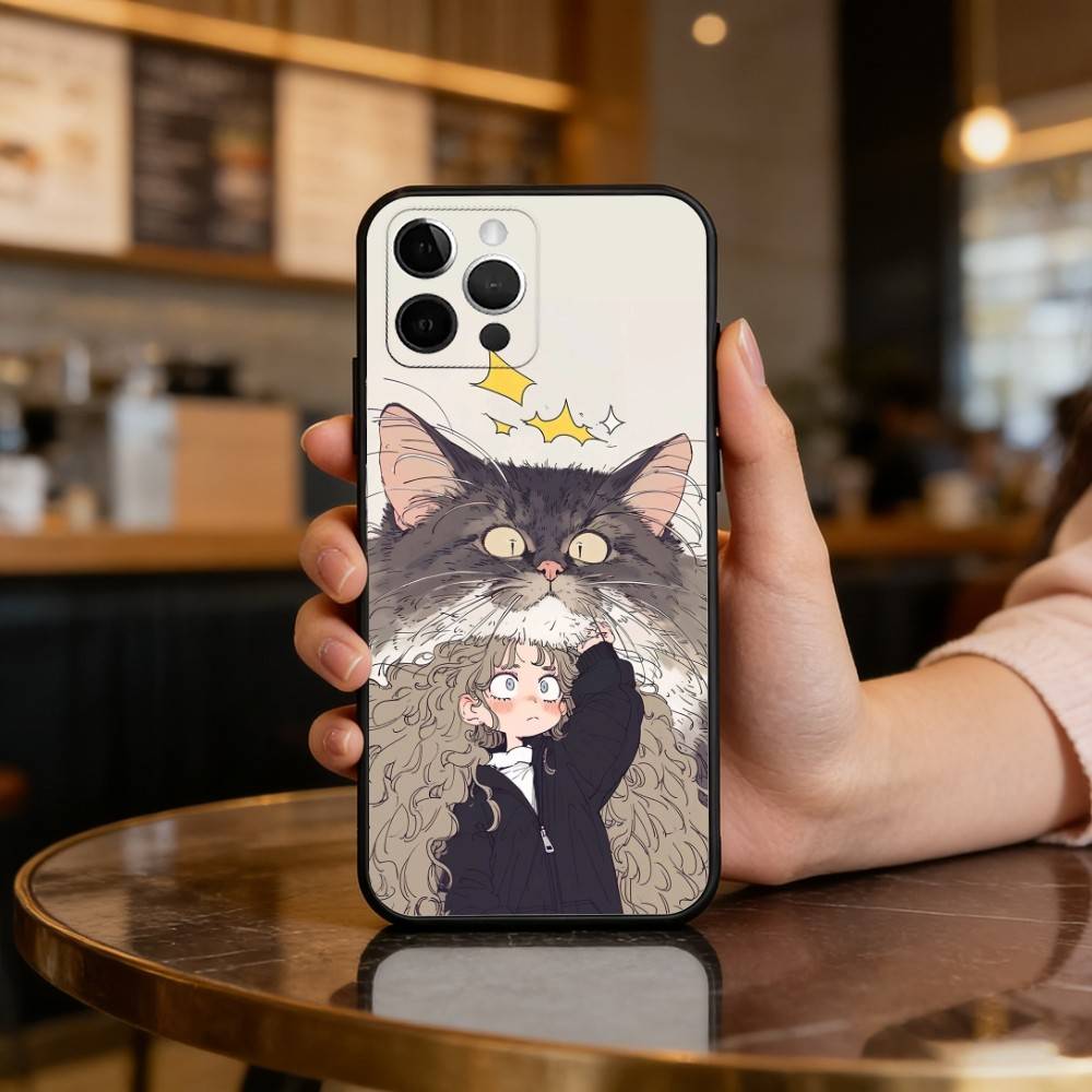 Cartoon C-Cat A-Art Phone Case For iPhone 17,16,15,14,13,12,11 Plus,Pro Max,Soft Silicone Black Cover