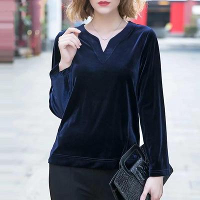 Spring New Women Sexy V-neck Gold Velvet Top Elegant Blue Long Sleeve Wild Basic TShirts Vintage Casual Ladies Top Pullover