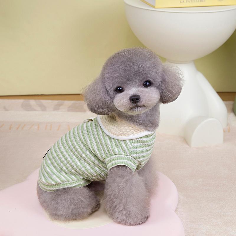 Spring and summer dog clothes paw print cloth sticker lapel striped T-shirt thin breathable small dog cat pet clothing
