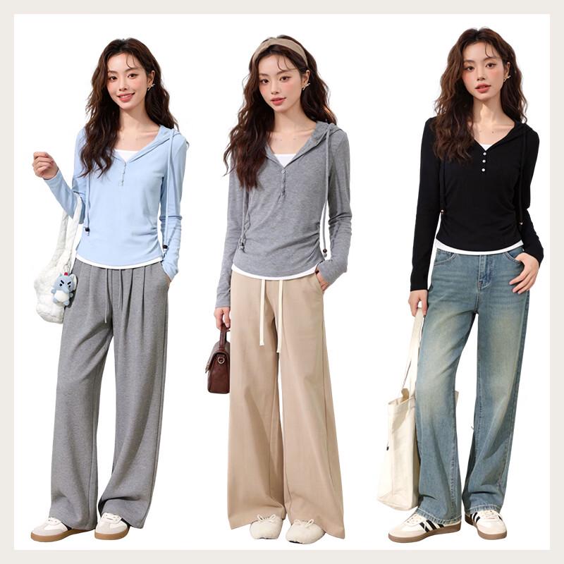 MJ STYLE Women's Hooded Faux Two-Piece Ruched Long Sleeve T-Shirt