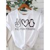 European Size Women'S 180gsm  T-Shirt - Cute Penguin  Peace Love Lettering Graphic with Heart  Penguin Design
