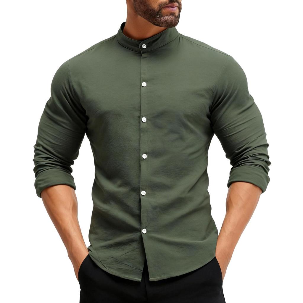 Herren Casual Einfarbig Stehkragen Knopf Strickjacke Herren Casual Langarm Baumwollhemd