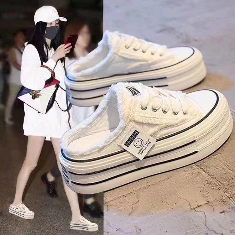Baotou slippers for women to wear 2025 spring new canvas shoes without heel versatile lazy half-drag platform beggar shoes