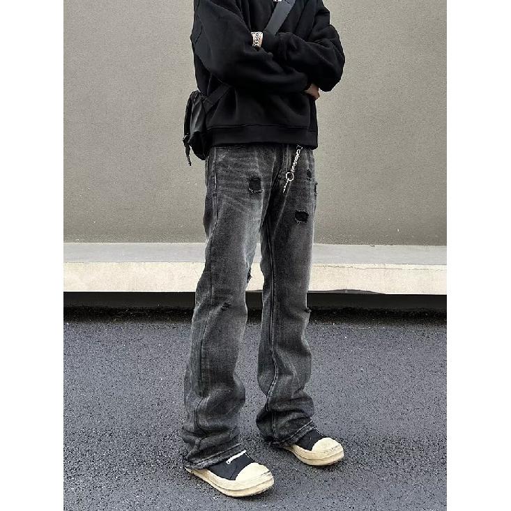 High Street Jeanshose für Männer, Retro Distressed, Lockere Hose mit geradem Bein, Sporthose mit weitem Bein, trendy