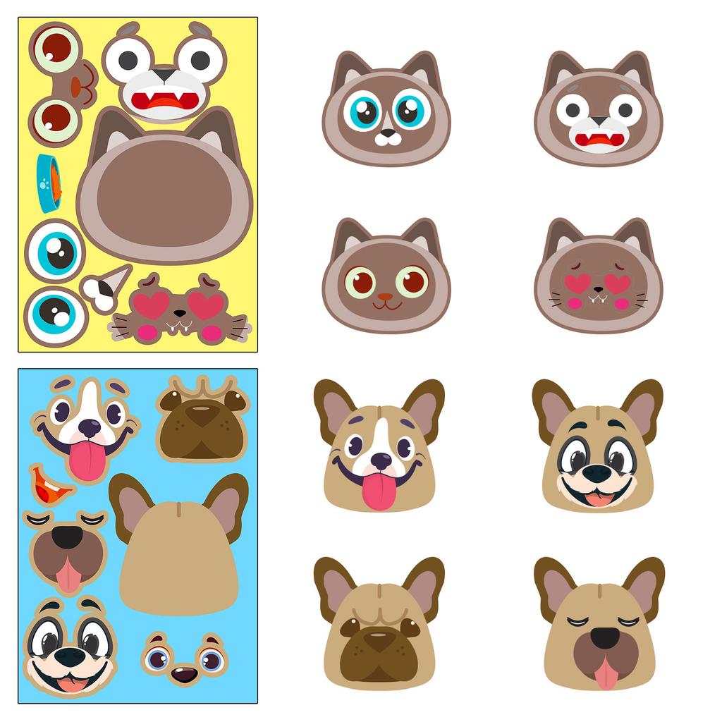 6 Photos/package Cat and Dog Face Change Stickers DIY Face Change Puzzle Stickers Make A Face Toy Waterproof Stickers