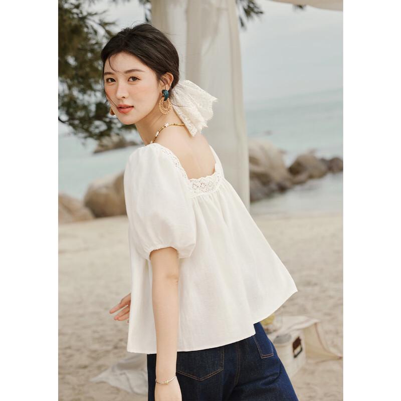 Women's French Style Lace Puff Sleeve Square Neck Blouse