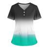 Women's Loose Short Sleeved Fashionable Square Printing V-neck Buttonable Side Slit Top T-shirt