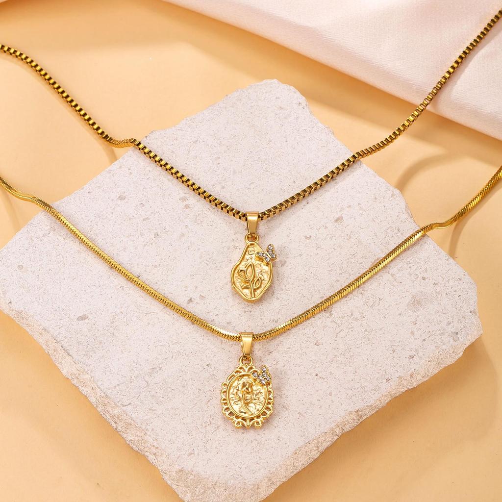 Women's Multi-layer Stainless Steel Clavicle Necklace with Oval Flower Pendant