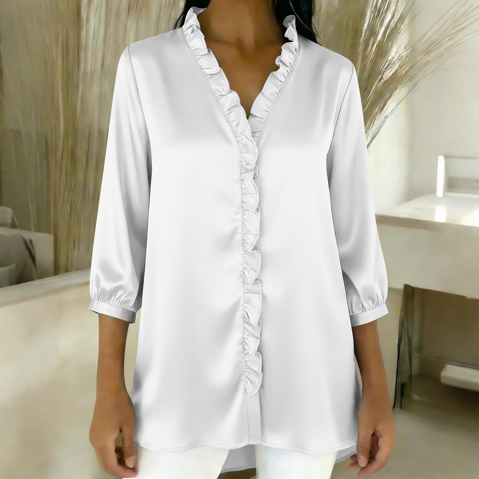 Ladies  Fashionable and Elegant Ruffled Collar Satin Blouse S белый