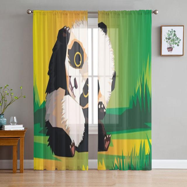 Animal Cute Panda Bamboo Cartoon Window Curtains Living Room Tulle Curtains Kitchen Decor Kids Room Curtain Window Treatment