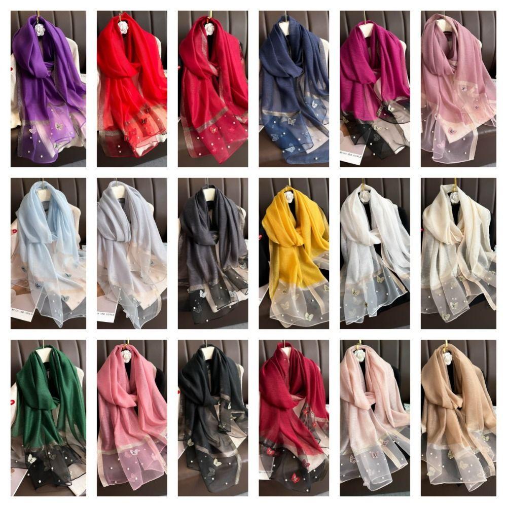 Large Butterfly Embroidery Scarf Pearl Women Hijab Shawls Fashion Silk Scarf  Female