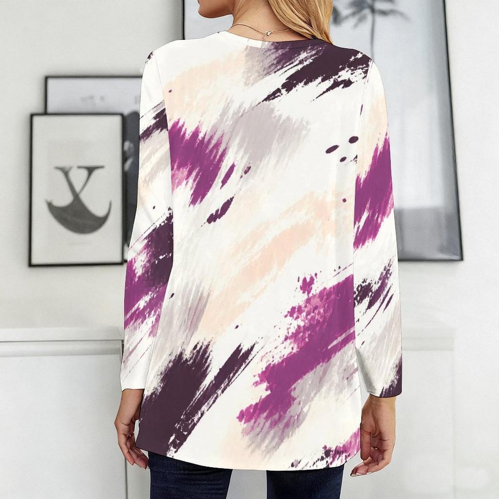 Women Plus Size Round Neck Long Sleeve Marble Printed Green Blue Gold Loose Tunic Top With Pockets