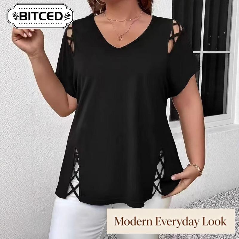 BITCED Women's Fashion Casual Solid Color Print O-Neck Short Sleeve Blouses & Shirts