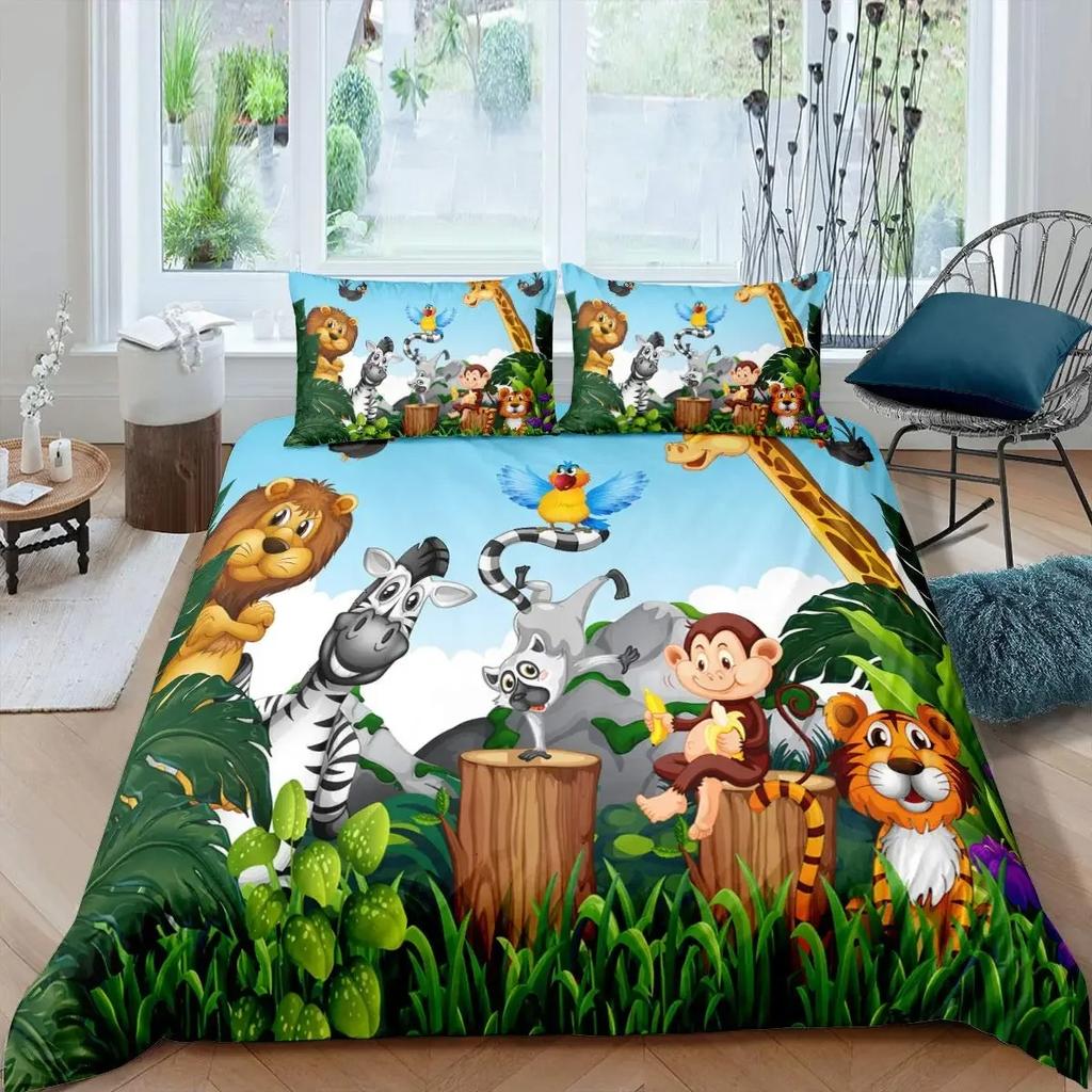 Cartoon Tiere Bettbezug Set King Size Savanne Tropischer Wald Dschungel Wildtiere Bettwäsche Set Kinder Zoo Polyester Bettdeckenbezug