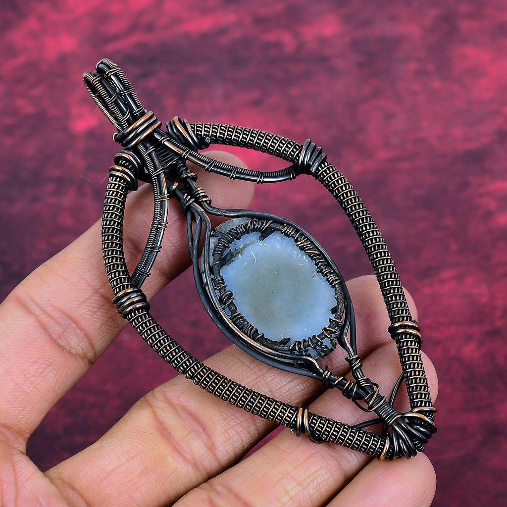 Tree Of Life Angelite Gemstone Pendant Rainbow Moonstone Pendant Copper Wire Wrapped Pendant