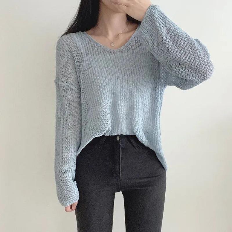 V-neck Fashion Loose Pullover Knitted Sweater Thin Sunscreen Blouse Women Long Sleeve Cover Up 2025 New Elegant Solid Knitwear Korean Solid Color Top