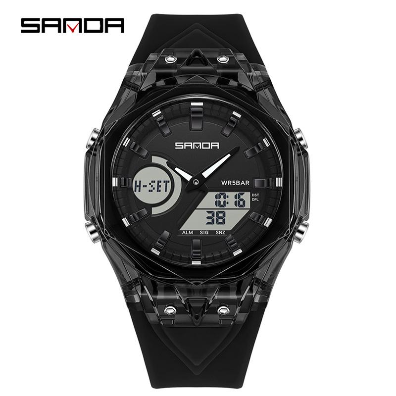 Sanda Dual Display Multifunction Fashion Wristwatch with Colorful Transparent Case for Youthful Korean Style