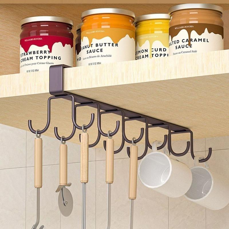 1PC Double-row Hooks Hanging Cup Holder Multifunctional Household Punch-free Wall Bathroom Kitchen Cabinet Storage Rack