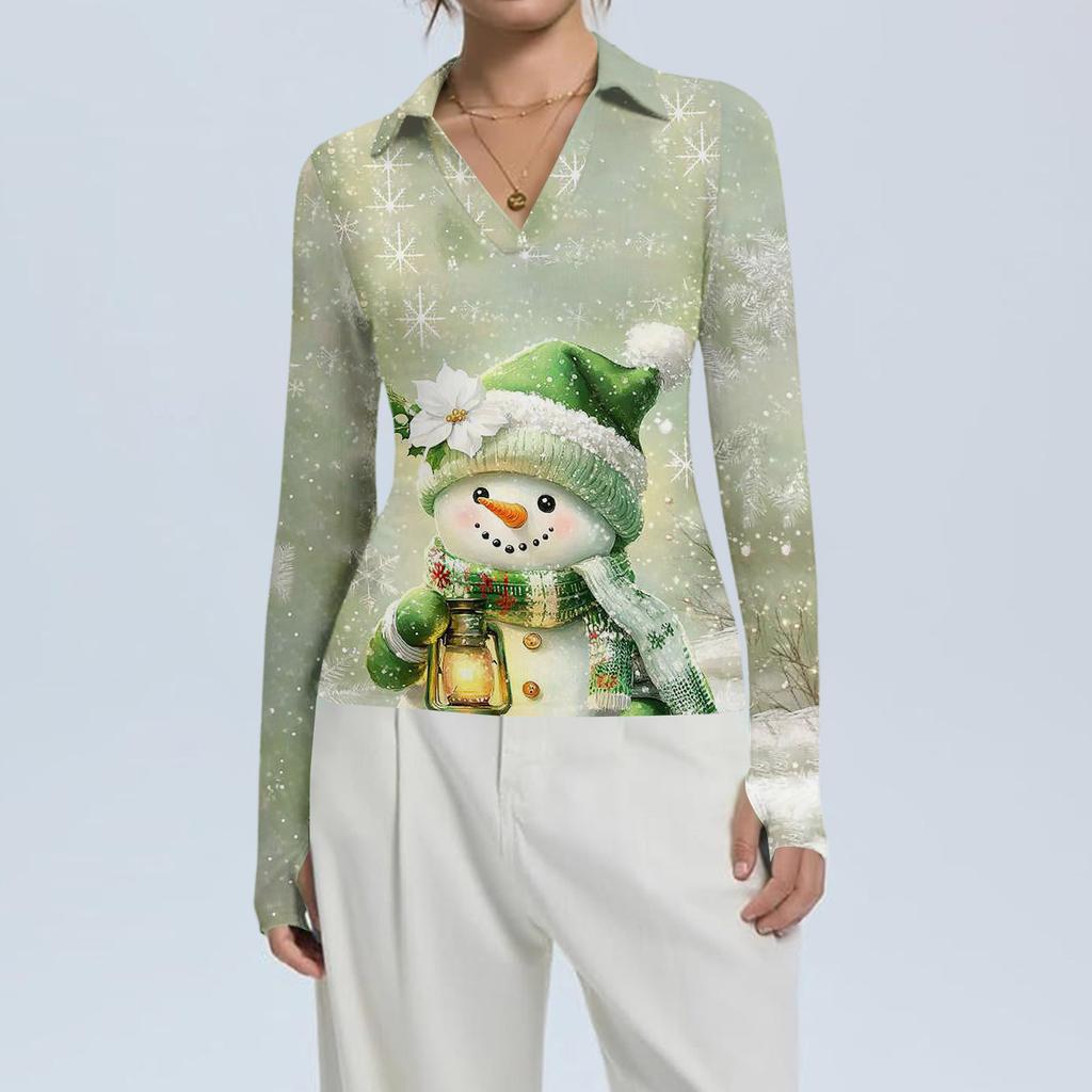 Damenmode Lässig Weihnachts-Print V-Ausschnitt Langarm Knopfleiste Oberteil