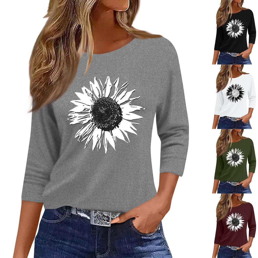 Dámská móda ležérní tričko s kulatým výstřihem, 3/4 rukávem, volným potištěným tričkem, dámský top