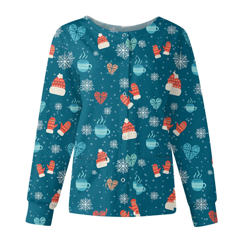 Women's Casual Fashion Long Sleeve Standing Collar Single Breasted Christmas Print Workwear Jacket Tops