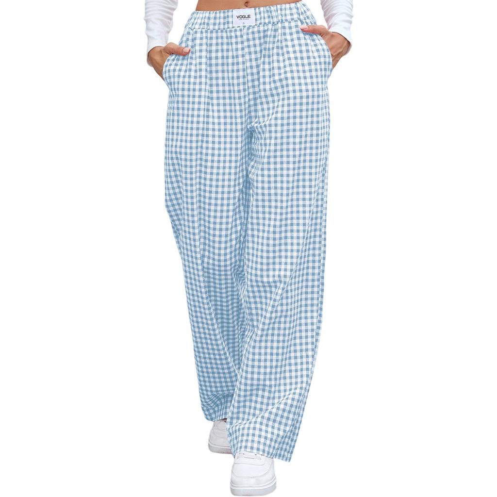Women's Fashionable Checkered Elastic Waistband Loose Pocket Casual Pants