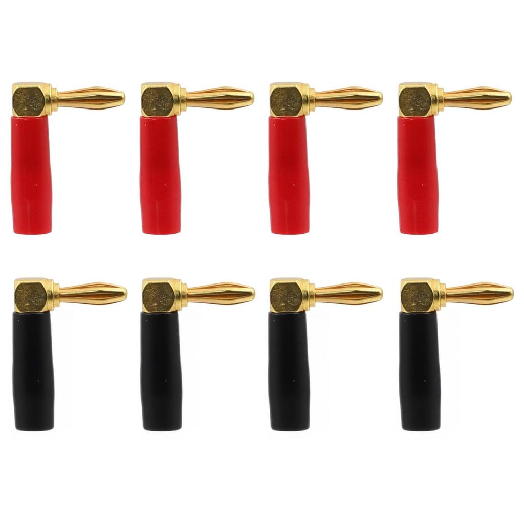 KKLM Banana Banana 24K Gold Audio Jack Connectors for Speaker 4 Pairs Plugs, L-shaped Plugs, 8-Pack, Plated, Right-Angle Cables,