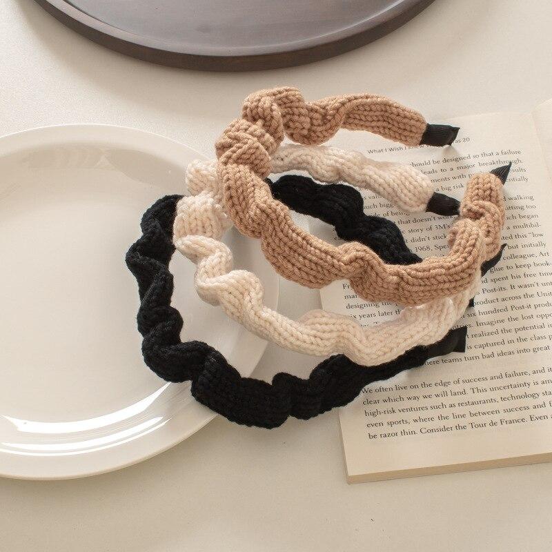 

Осенняя плиссированная шерстяная вязаная повязка для волос кофейного цвета для женщин, модные аксессуары для волос