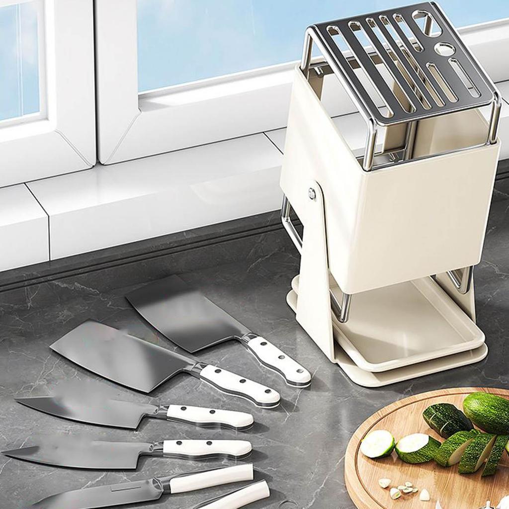 Kitchen Cutter Holder 9-Slot Storage Organizer With Drain Tray 30-Degree Rotating Cutter Organizer For Kitchen Counter