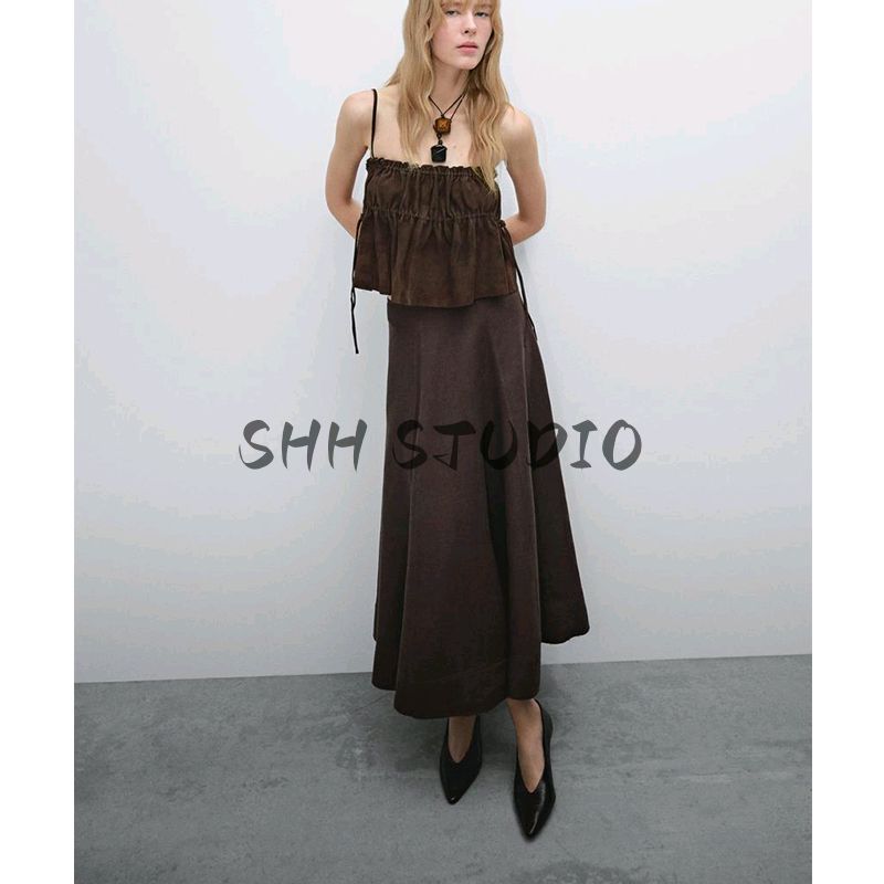 MD Spring and Summer New Arrival Women's Wave Style Retro Brown Texture Linen Blended Umbrella Skirt Skirt 5236586