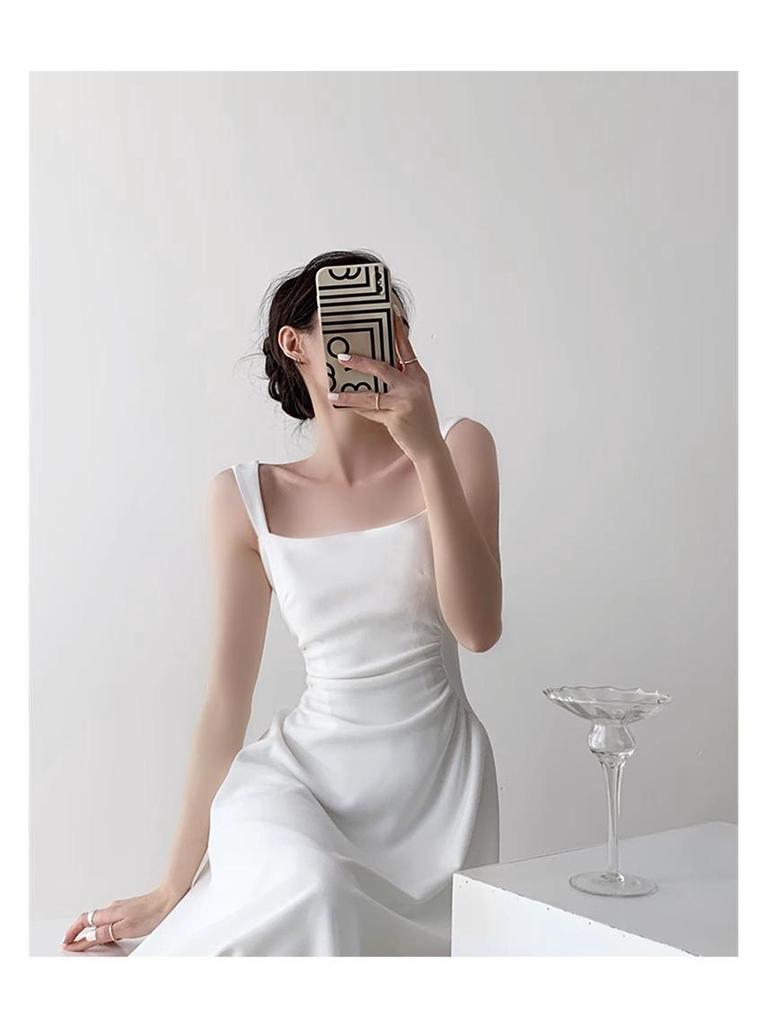 Women's Solid Color Waist-Cinching Short-Sleeved Dress for Summer Graduation, Engagement Party, and Everyday Wear