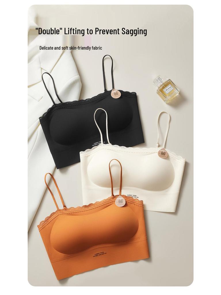 Summer Seamless Lace Trim Push-Up Bandeau Bra – Wire-Free, Strappy, Anti-Exposure, Sweet Beautiful Back Design.