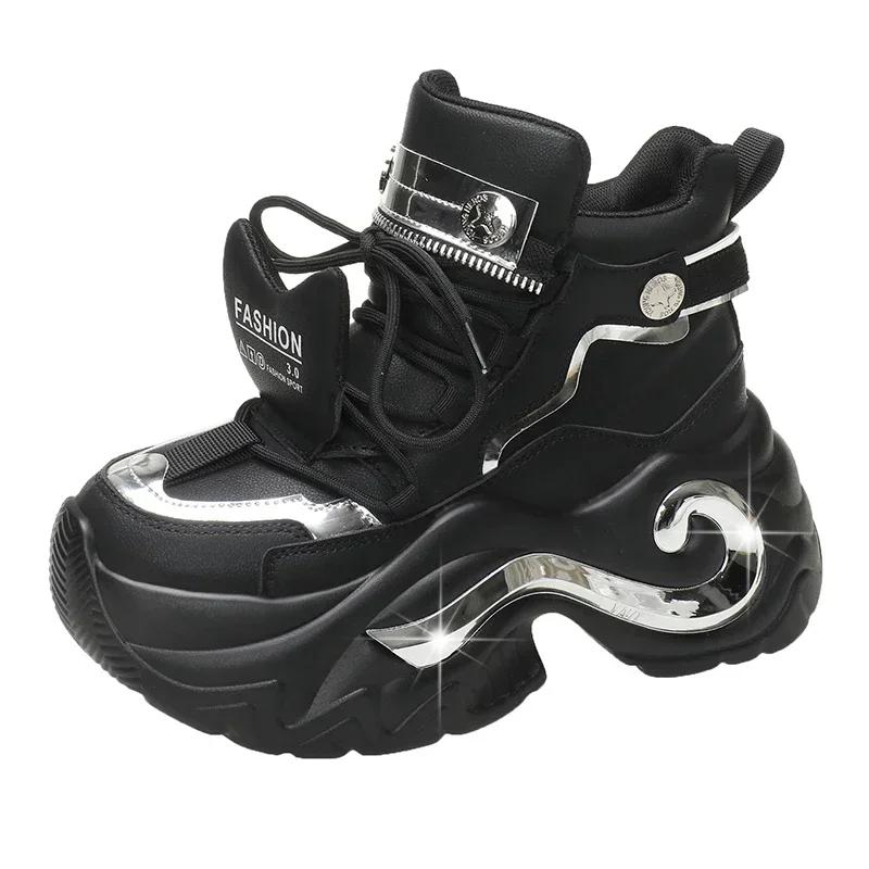 Fashion Autumn Women Chunky Sneakers 6.5CM Heels Winter Thick Sole Casual Vulcanized Shoes High Platform Genuine Leather Sneakers Woman