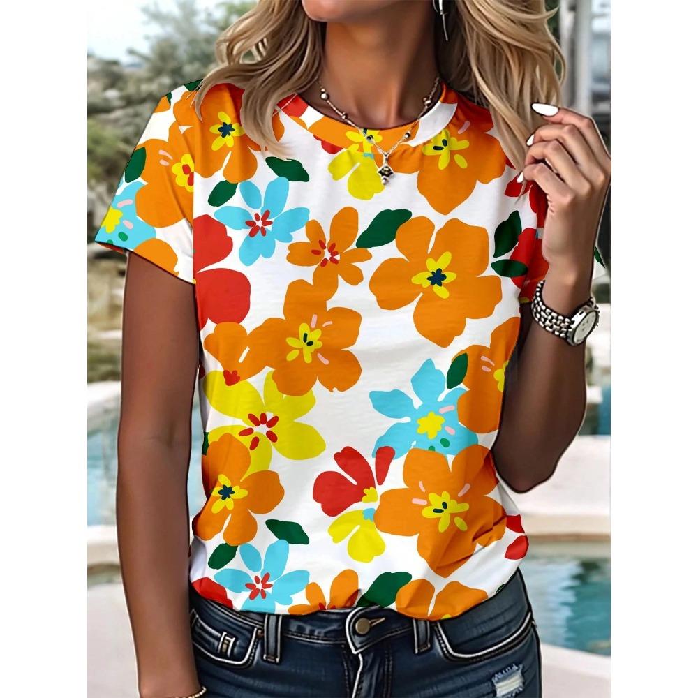 Sunflower Color Flower 3D Printing Women's T-shirt Casual Round Neck Short-sleeved Top Harajuku Y2k Tee Women's Clothing