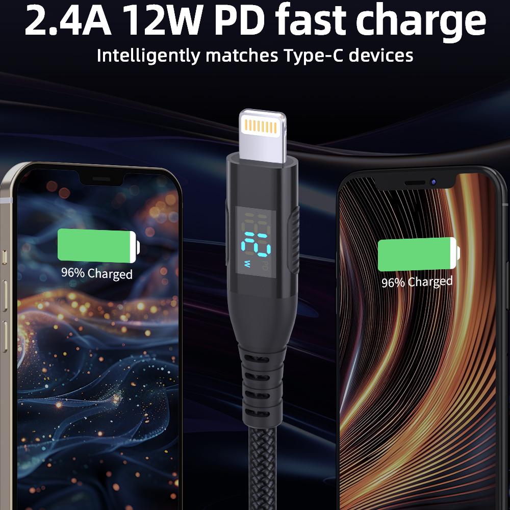 

2m USB to Lightning Cable Digital Display 2.4A Nylon Braided Phone Fast Charging Cord Red