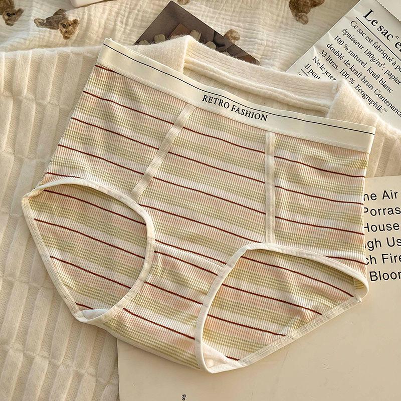 Women's High-Waisted Tummy Control Striped Plus-Size Underwear with Crotch for Autumn and Winter