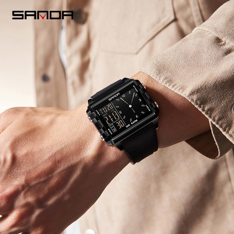 Sanda Men's & Women's Fashionable Dual Time Large Square Dial Luminous Waterproof Watch