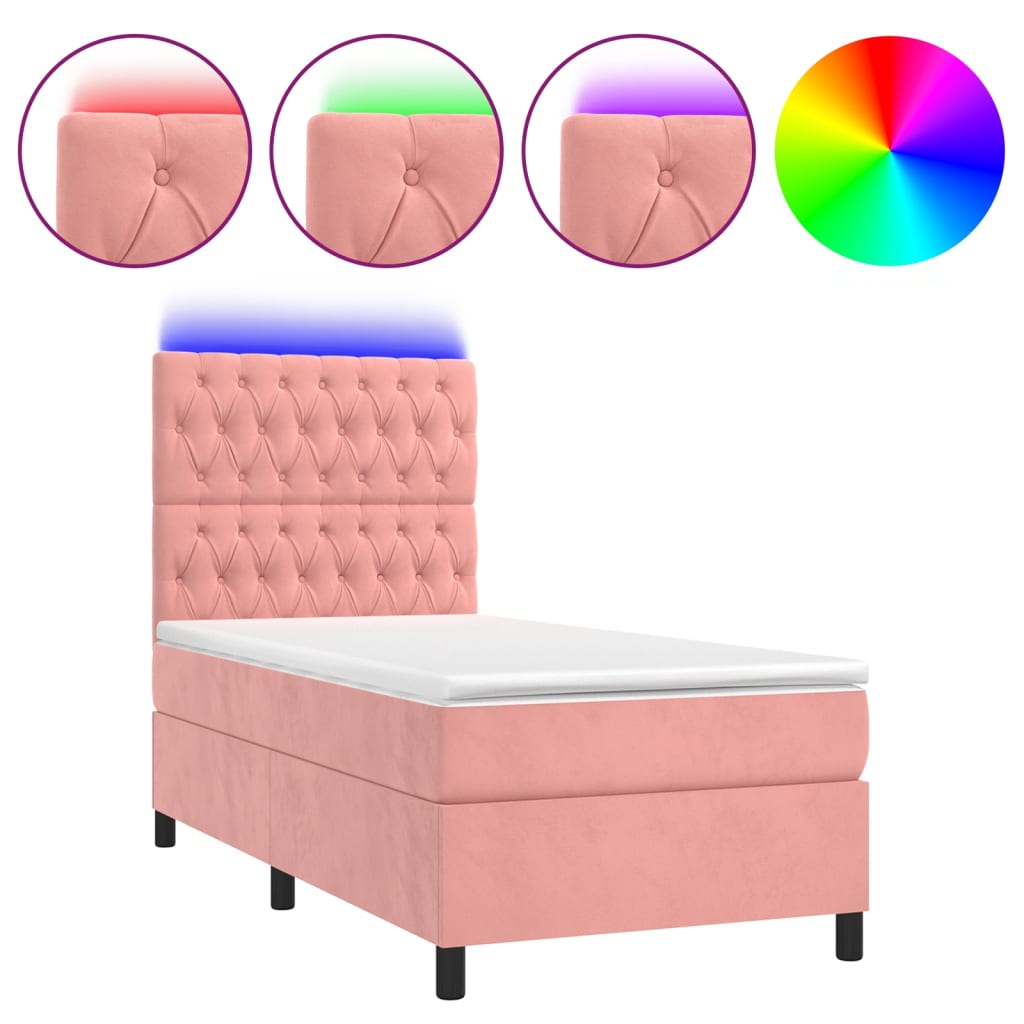 Box Spring Bed with Mattress & LED Light Pink 100 x 200 cm Velvet