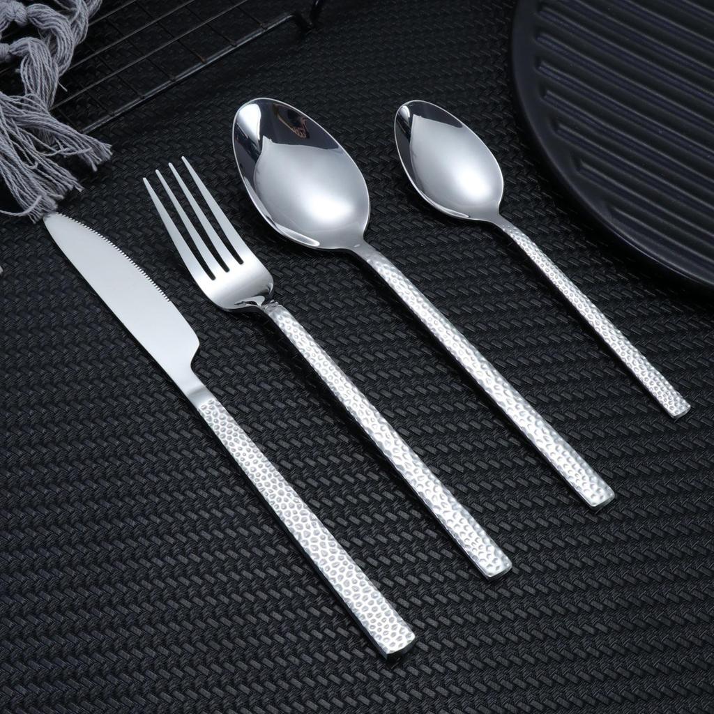 Cross Hammered Stainless Steel Cutlery Set - Luxury Knife, Fork, Spoon & Dessert Spoon