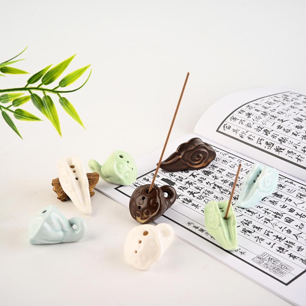 Ceramic Lotus Pod Incense Holder - Auspicious Clouds Design, Small Tray for Stick Incense, Chinese Style, Simple Craft