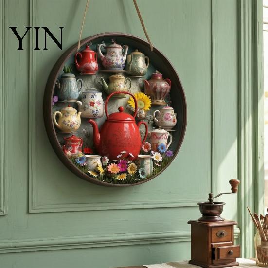 Entryway Wall Ornament Wooden Vintage Teapot Decoration, Farmhouse Rustic Art, Tea Nostalgic Art Pot Theme Sculpture for Kitchen Coffee Corner Sign