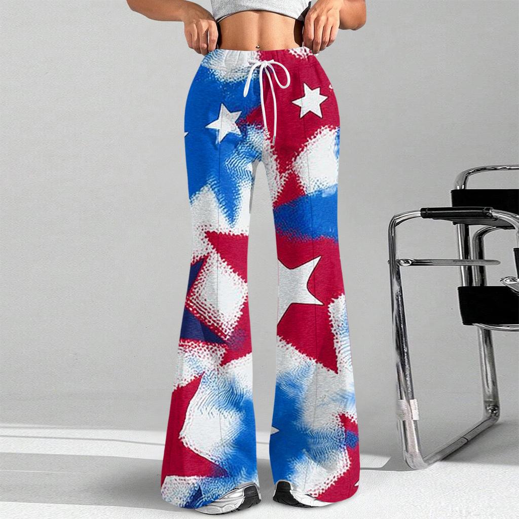 Women's Fashion Loose Drawstring Tight Waist Independence Day Printed Casual Sports Pants Casual Flared Pants