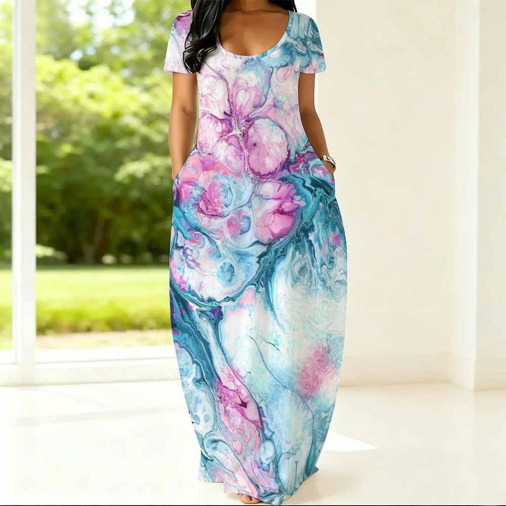 Plus Size Ladies Short Sleeve Crew Neck Dress Flowy Loose Outfit For Summer Family Gathering Wear