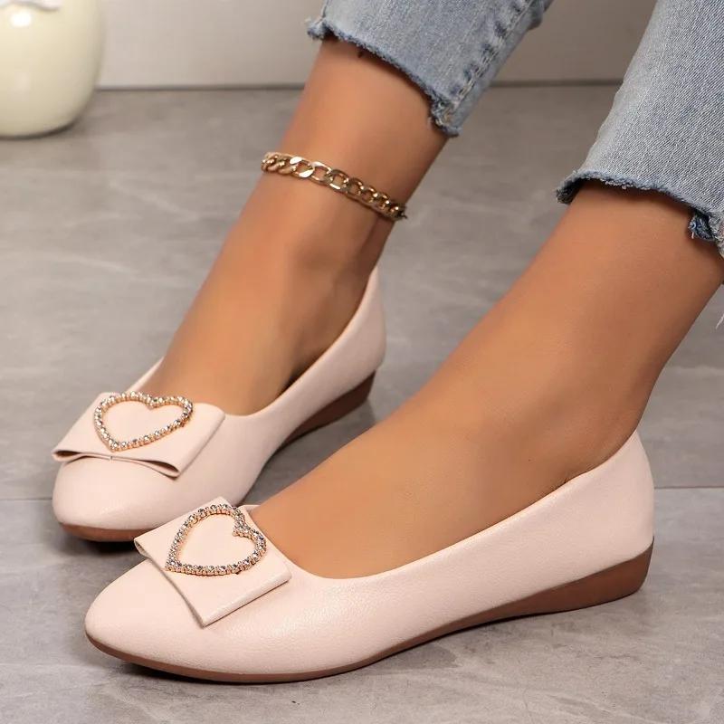 Hot Selling Spring Women's Flat Shoes Ballet Metal Buckle Bow Women's Autumn Pointed Toe Slip-on Office Leather Zapatos Mujer