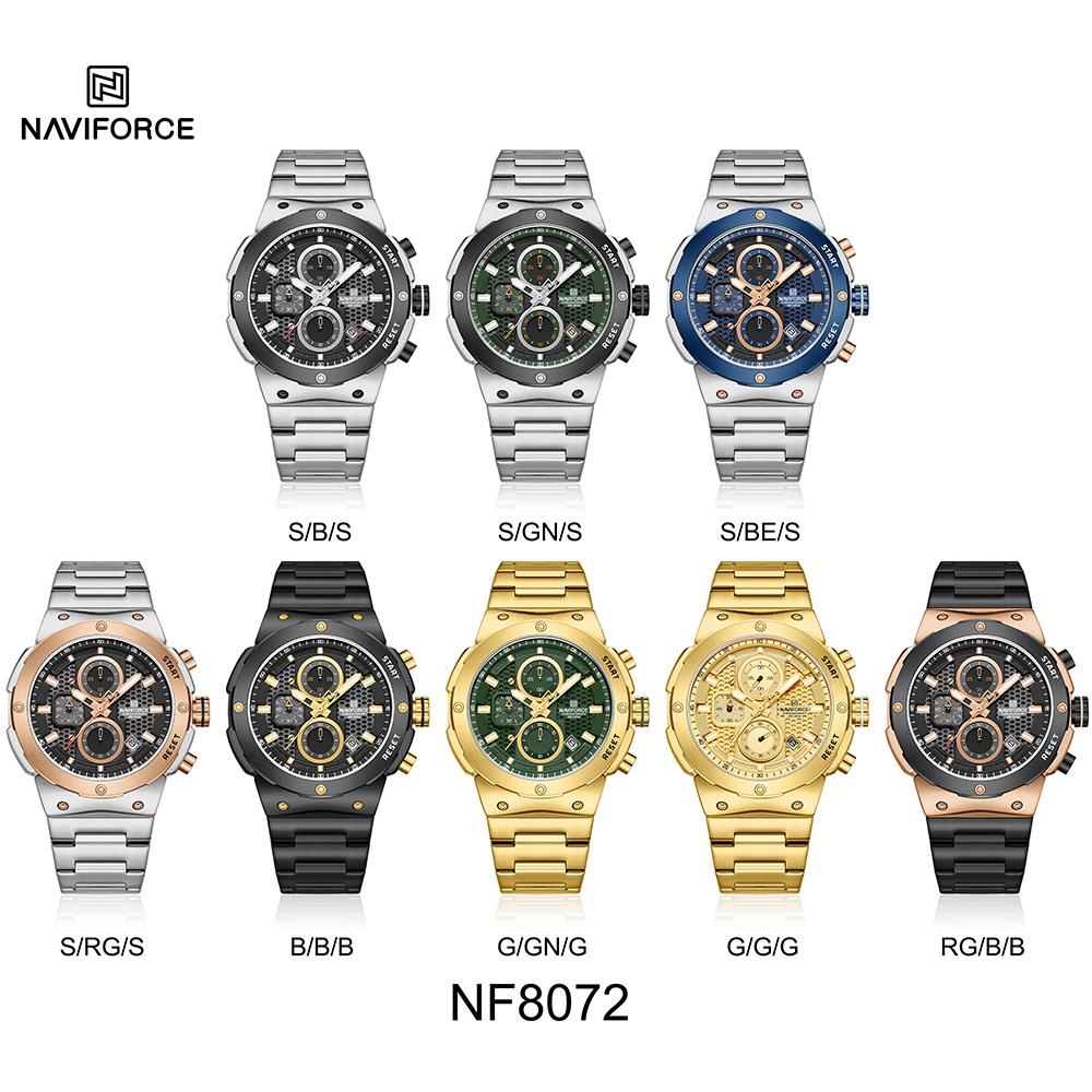 Naviforce Męski Zegarek Kwarcowy Wskazówkowy Stoper Chronograf Wodoodporny Pasek Ze Stali Nierdzewnej Kalendarz Luminescencyjny Męski Chłopięcy Modny Zegarek Casualowy NF8072