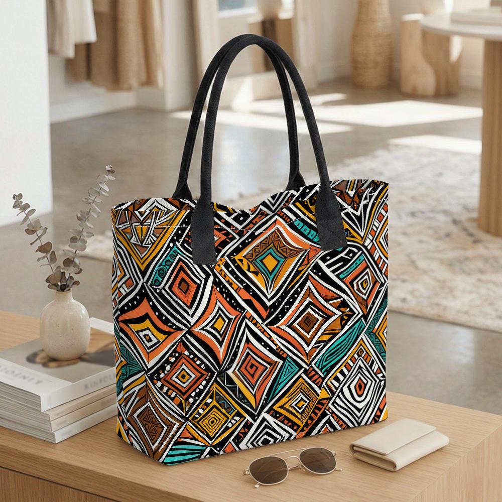  Boho Geometric Pattern Tote Bag Casual Large Capacity Shoulder Handbag for Daily Use