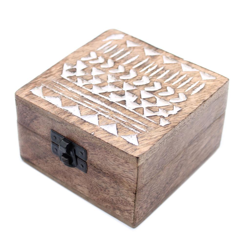 Wooden Box Whitewashed Aztec Design 10x10 Cm